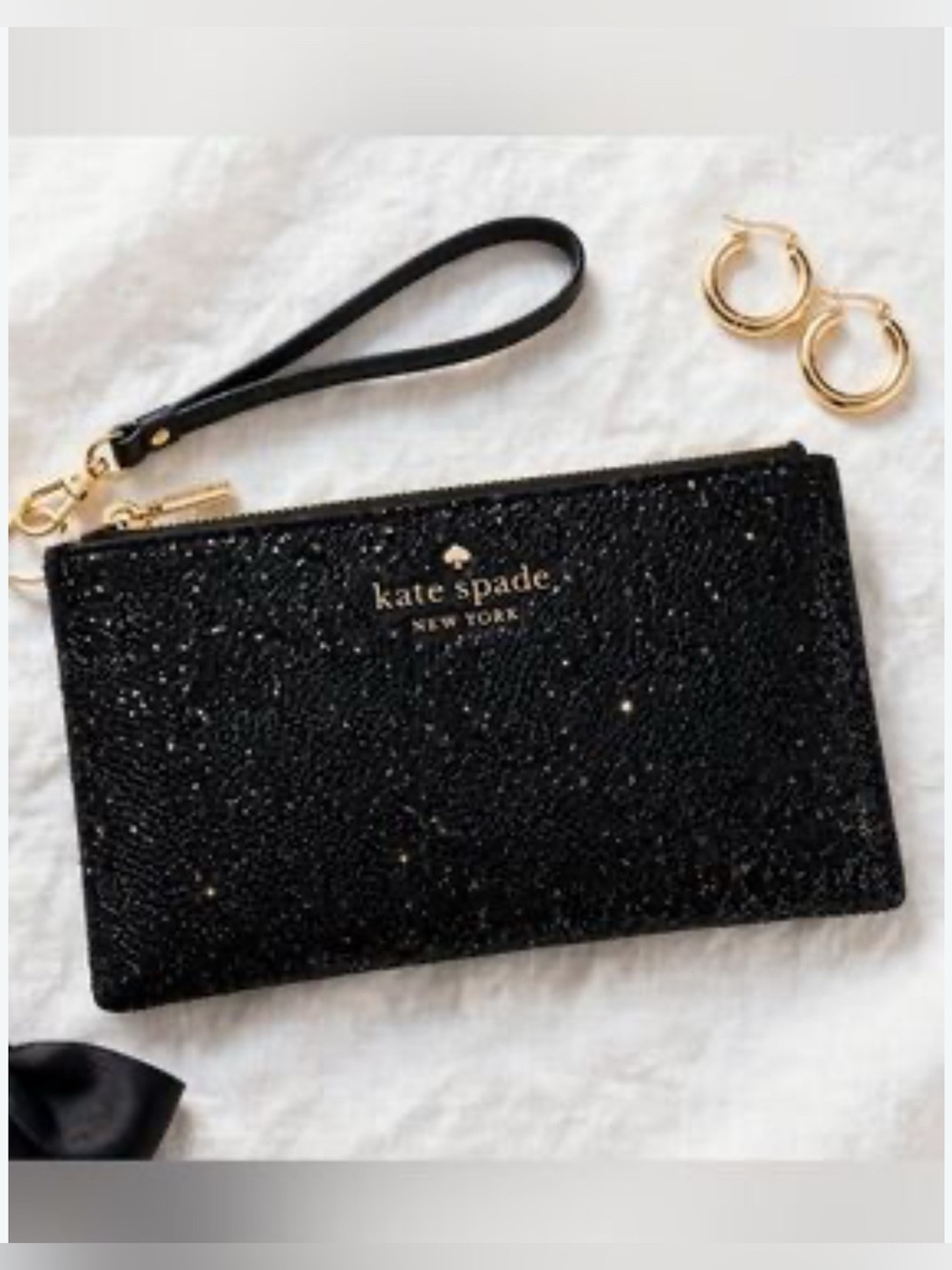 kate Spade Lucy Black Glitter Zip Wristlet Clutch